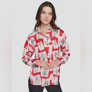 Karl Lagerfeld Red and White Printed Button Up Top . Size XS